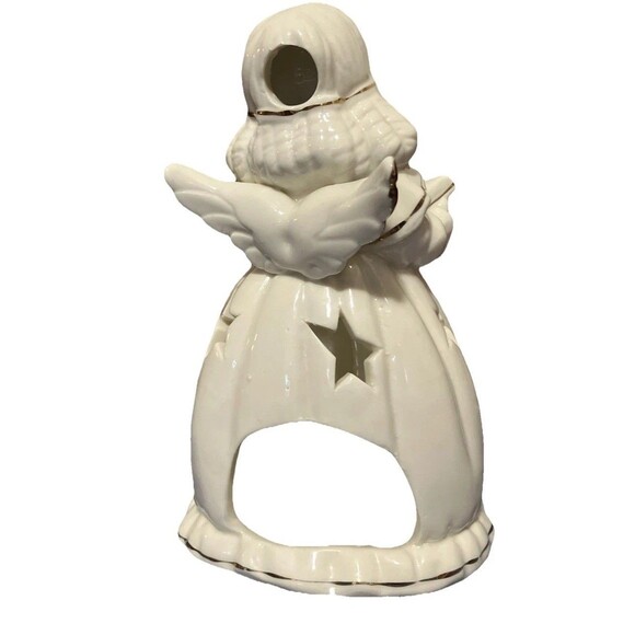 Christmas Caroling ceramic Angel Tea-light candle holder with stars gold trim 7’ - Picture 2 of 15